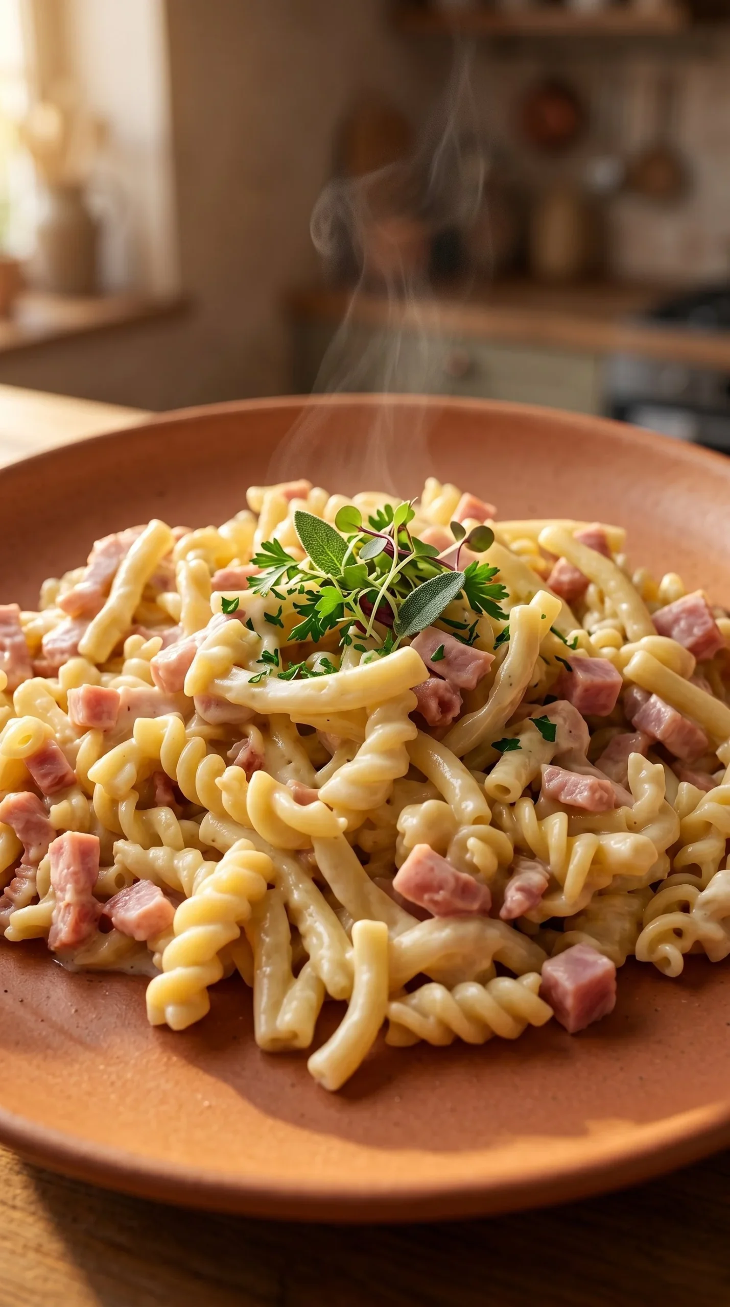 Plat de pâtes à la carbonara fraîchement préparées avec sauce crémeuse et pancetta.