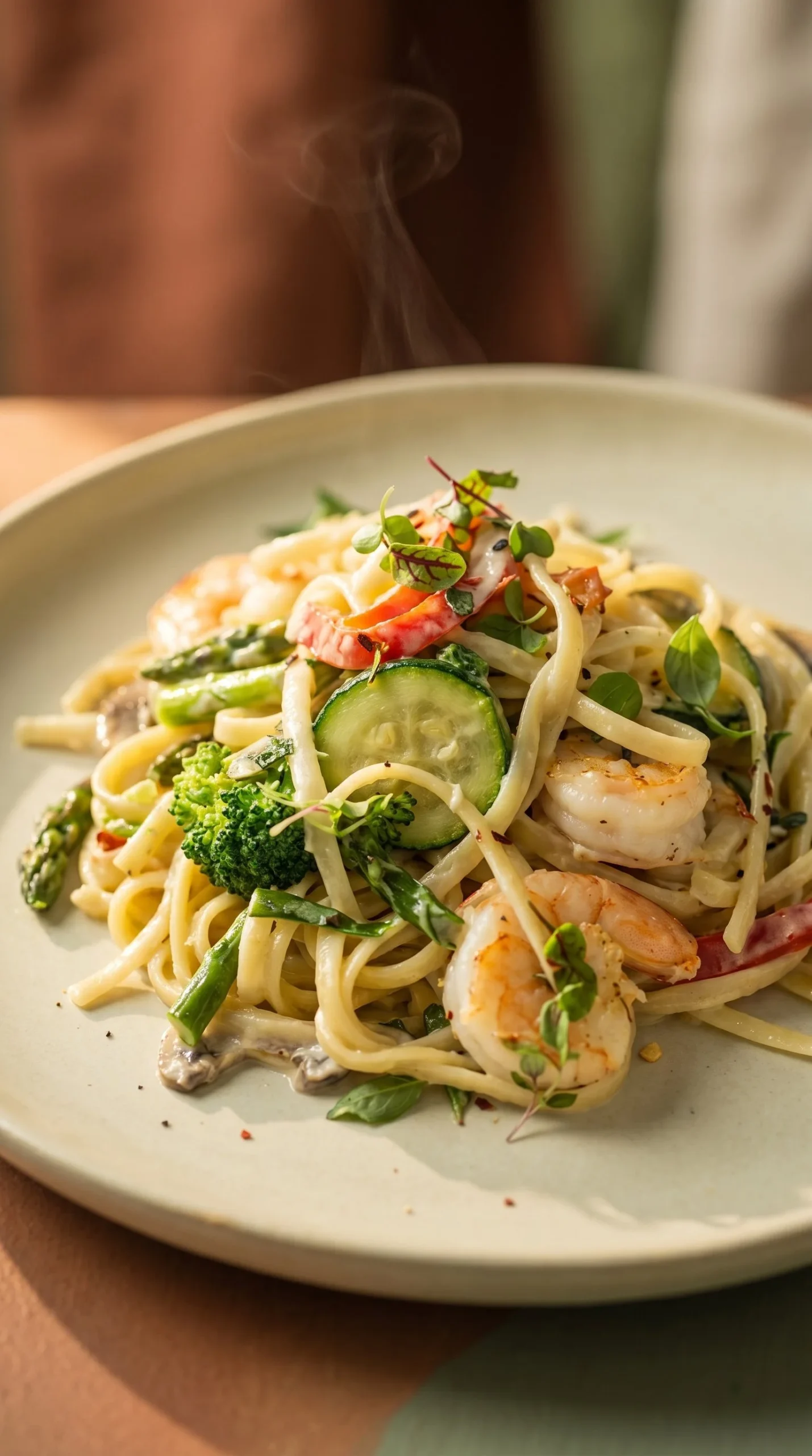 Plat de pâtes primavera avec crevettes et légumes frais.