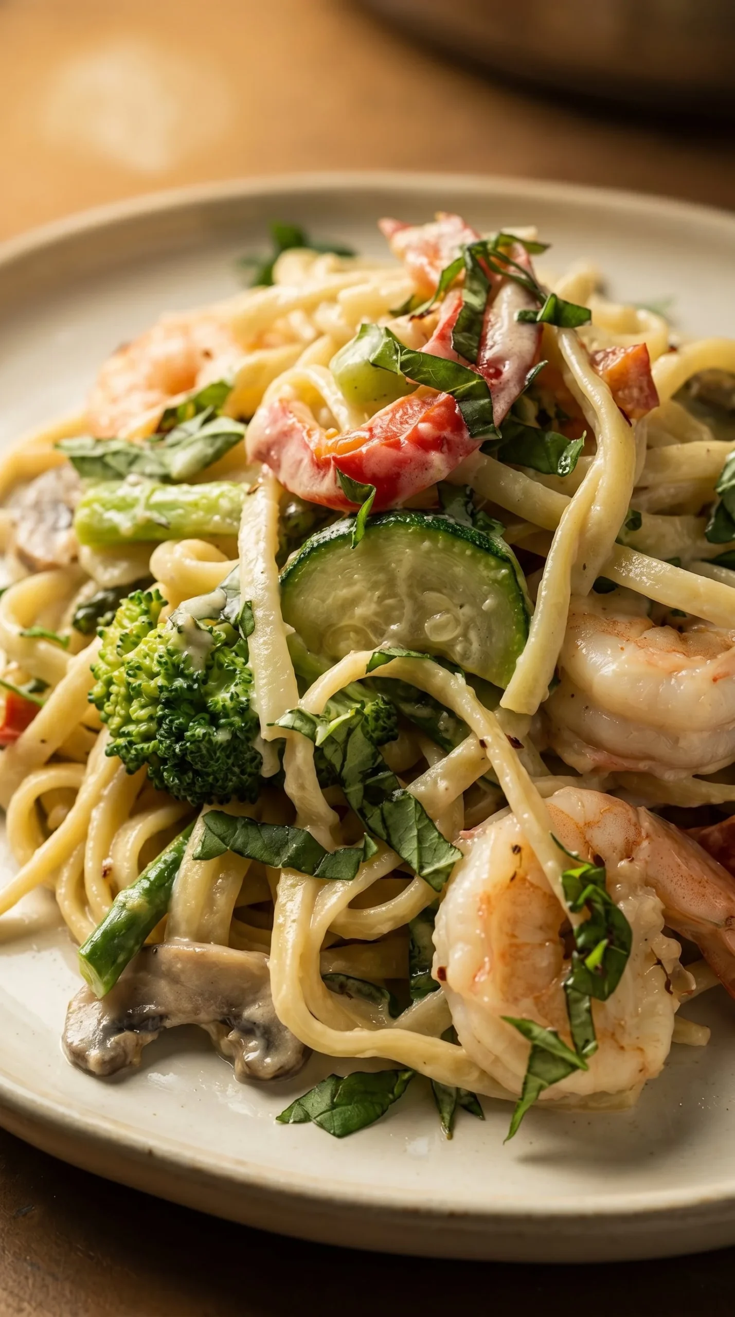 Pâtes primavera tout-en-un avec crevettes