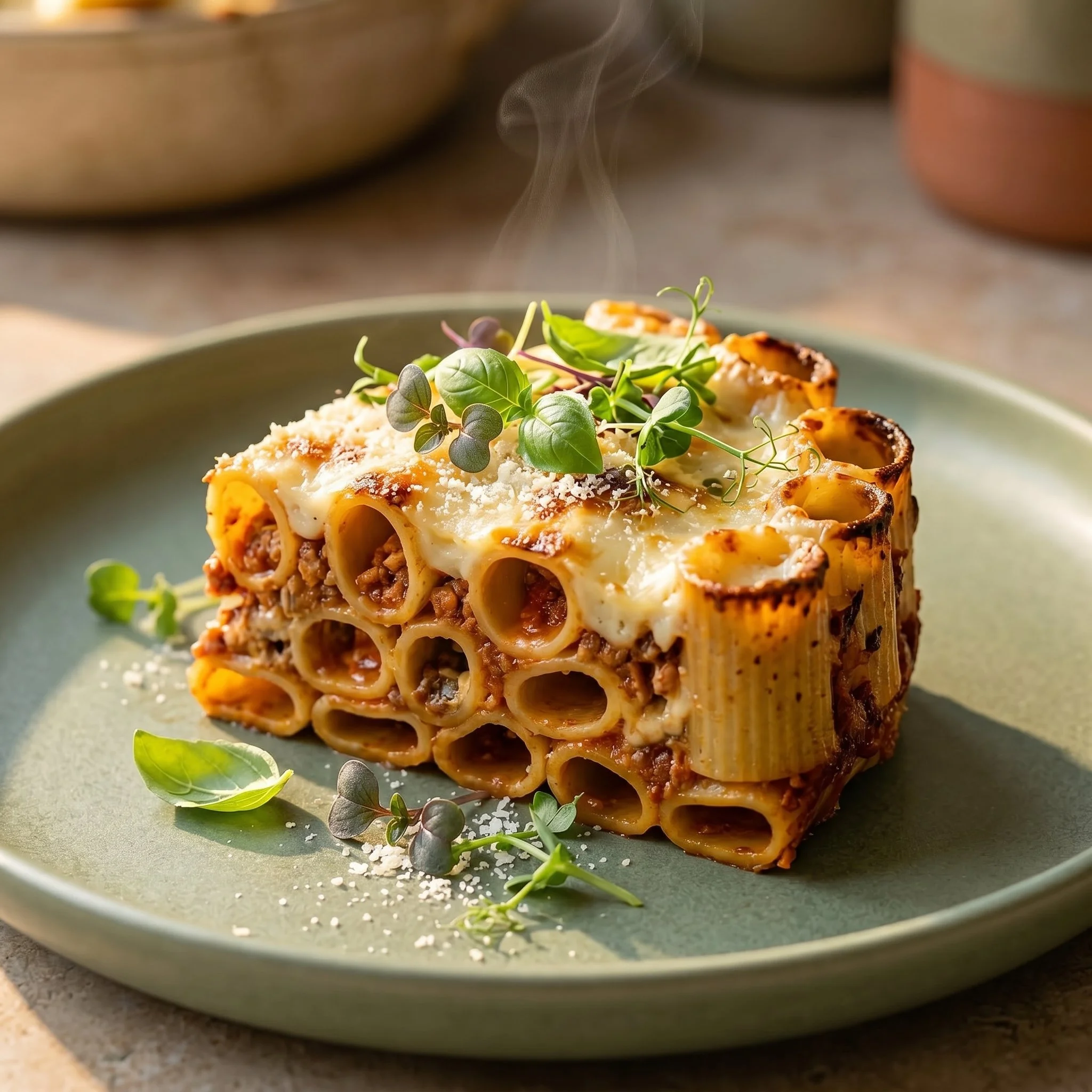 Plat de rigatoni servi avec aubergine parmesan au fromage