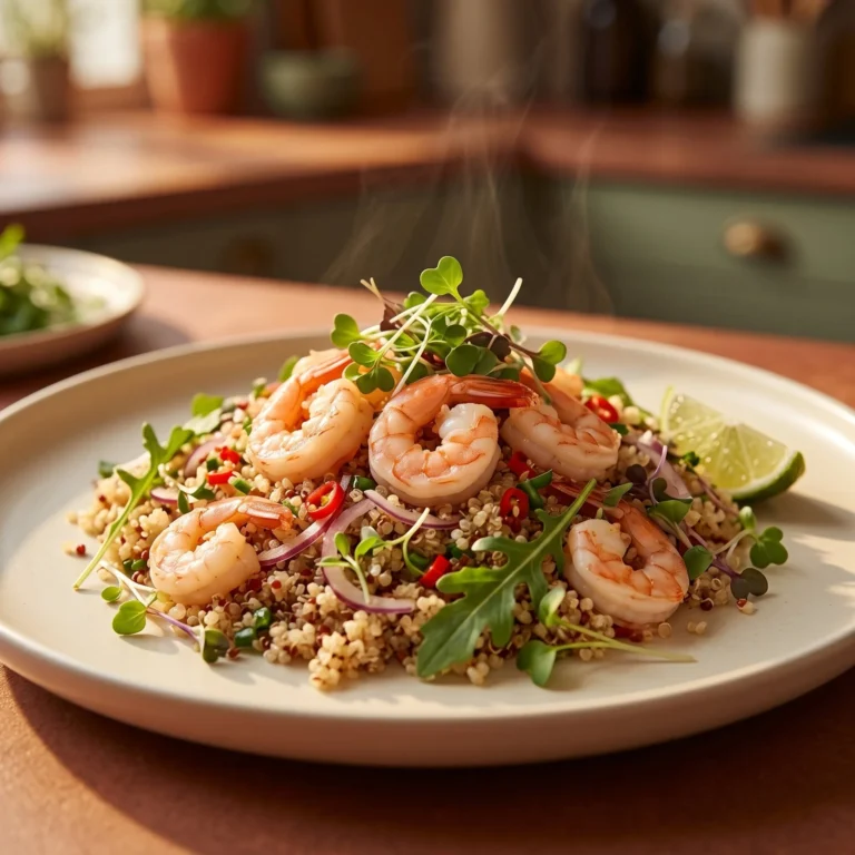 Salade de quinoa aux crevettes servie avec légumes frais et vinaigrette