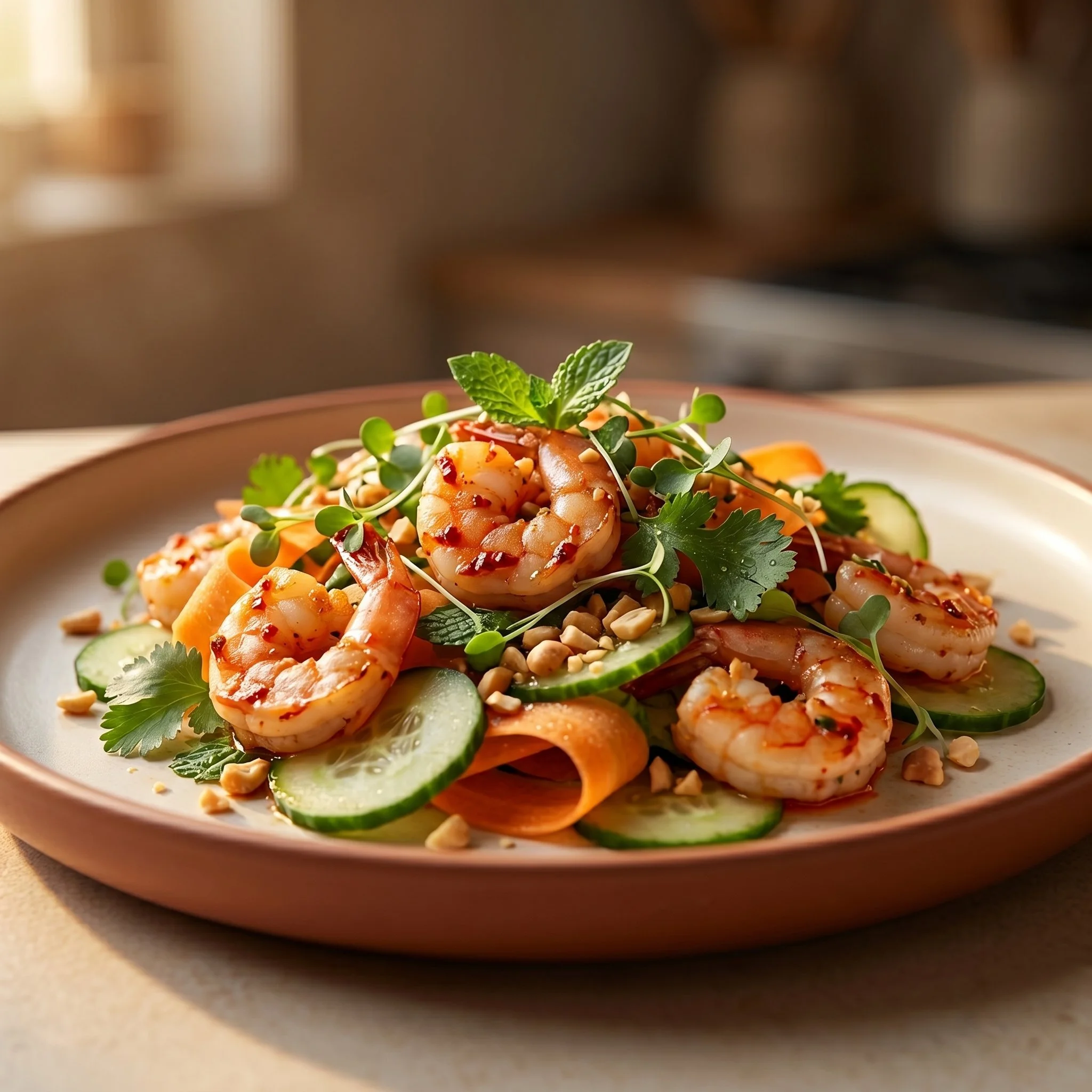 Spicy shrimp salad with shredded carrots and cucumbers