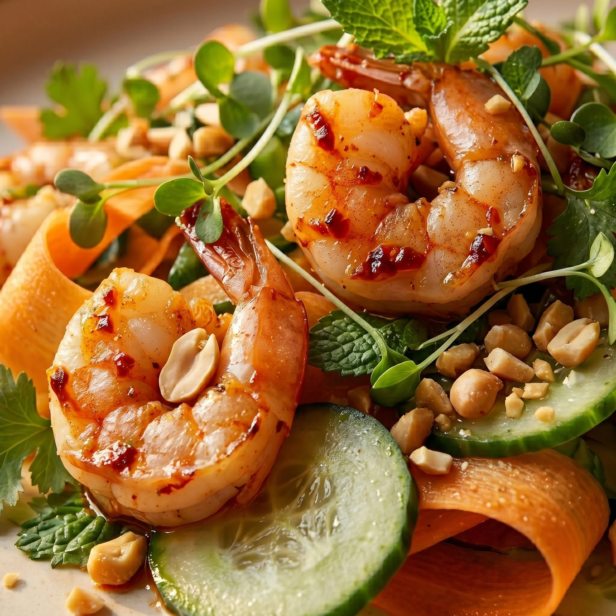 Spicy shrimp salad with shredded carrots and cucumbers