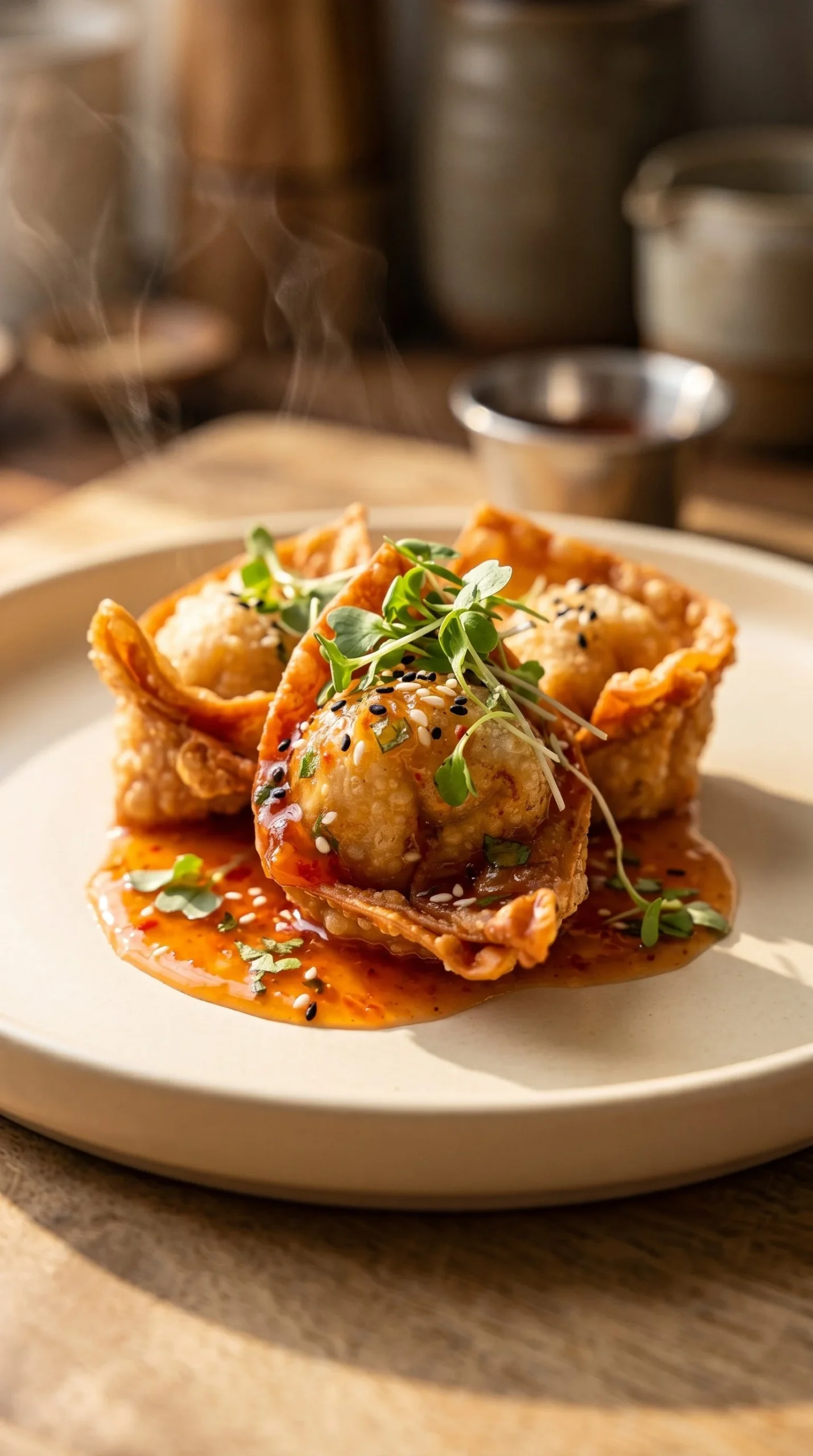 Wontons frits maison croustillants et savoureux, plats asiatiques faits maison.